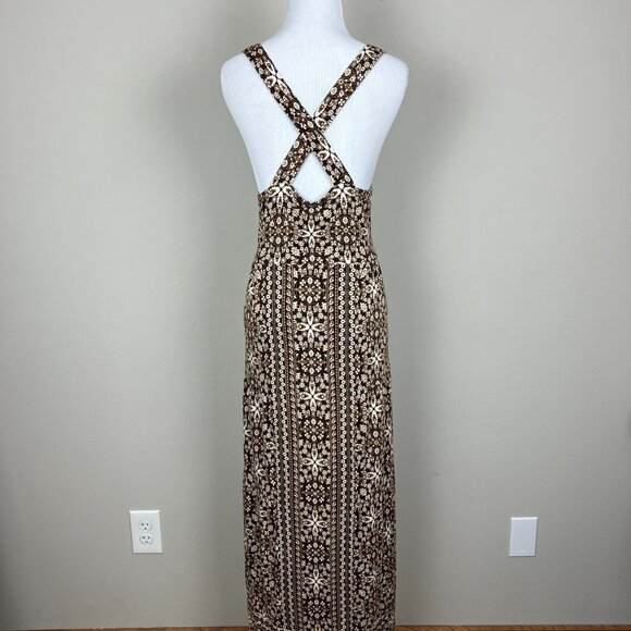 J Jill Maxi Dress Medium Brown Beige Sleeveless Floral Stretch Racerback Boho‎ M - Picture 7 of 14
